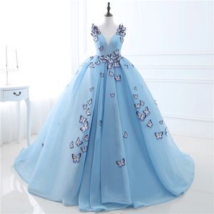 Stock V Neck Butterfly Kwiaty Suknie Balowe Długa Sukienka Blue Prom Dress Puffy Wysokiej Jakości Suknie zdarzeń US2