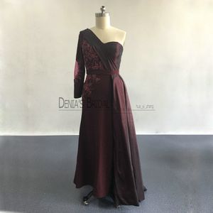 Wholesale one shoulder taffeta dress resale online - 2017 Wine Red Split Sheath Evening Dresses with One Shoulder Neckline Long Sleeves Beaded Appliques Side Overskirt Party Prom Gowns