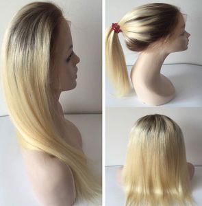 100 Menselijk haar SiwssSlace Front Pruik Inches Ombre Kleur Blonde Full Lace Pruiken Snelle Express Levering