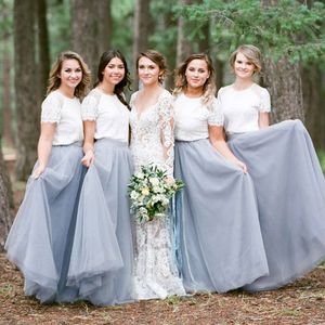Vintage Country Two Piece Bridesmaid Dresses Lace Short Sleeves Top Jewel Neck Soft Tulle Silver Grey Skirt Floor Length Wedding Guest Gown