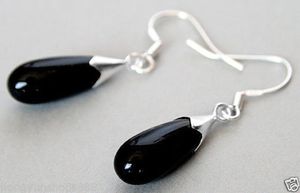 Nieuwe paar Black Agate Jade Onyx Sterling Zilveren Haak Teardrop Dangle Oorbellen