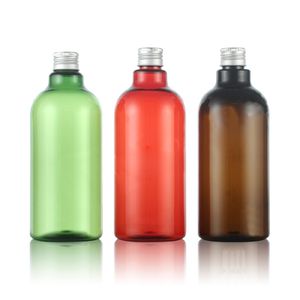 ingrosso lozione di bottiglia di plastica rossa-500ml bottiglie di PET cosmetici vuote con tappo in alluminio Grande contenitore di plastica Contenitore di imballaggio cosmetico bottiglia di lozione marrone rosso verde