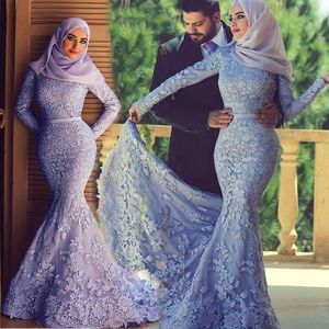 Saidmhamad Saoedi Arabië Kant Applique Moslim Mermaid met Hijab Prom Dress Lange Mouwen Paarse Evaveing Town