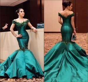 Emerald Green Off the Shoulder Mermaid Prom Gowns New Satin Formal Long Evening Dresses with Beads Court Train Pageant Wear BA6516