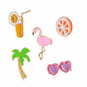 flamingo pins venda por atacado-Broque de frutas Coco Laranja suco de laranja óculos de sol rosa flamingo broches lapela pinos camisa jaqueta de colarinho pacote de sacola