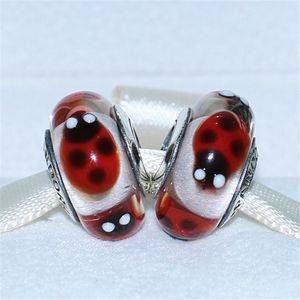 5PCs Sterling Silver Skruv Röd Ladybugs Murano Glaspärla Passar European Pandora Smycken Charm Armband Halsband Hängen DH063