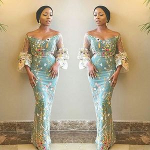 Unika blommor tyg Prom Klänningar Sydafrikanska av axelkvällen Kappor Sheer Sleeves Mermaid Plus Size Formell Party Dress