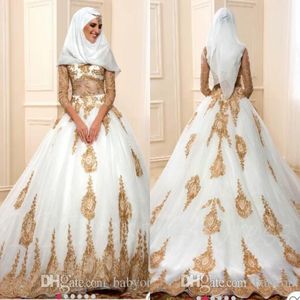 Nowy Custom Made Muslim White Ze Złotym Aplikacje Suknie Ślubne Linia Vintage Długie Rękawy Suknie Ślubne