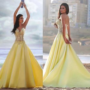 Gorgeous Tulle Satin Sweetheart Neckline A line Formal Dresses With Lace Appliques Yellow See Through Prom Dress Beach Evening Gowns