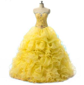 15 vestidos amarillos al por mayor-Disponibles Vestidos de quinceañera amarilla Vestidos de bolas Organza con cuentas Ruffles Sweet Vestido vestido de fiesta