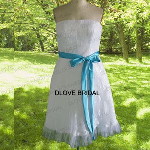 Echte foto klassieke korte strand trouwjurk met afneembare blauwe boog riem sjerp vestido de noiva een lijn strapless kleine witte bruidsjurken