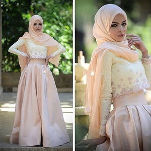 2 stuk moslim avondjurk lange mouw kanten top champagne satijn rok hijab arabisch prom jurken een lijn vloer lengte formele feestjurk