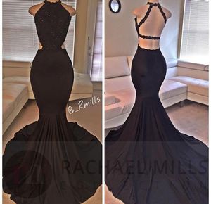 2020 New Mermaid Prom Dresses High Neck Black Lace Appliques Beaded Spandex Open Back Court Train Plus Storlek Billiga Party Dress Evening Gowns