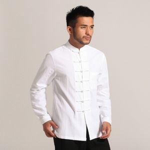keten gömlekler toptan satış-Beyaz Erkekler Pamuk Keten Uzun Kollu Gömlek Klasik Çin Stili Tang Giyim Boyut S M L XL XXL XXXL Hombre Camisa