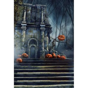 ingrosso foto di sfondo di halloween-Il contesto misterioso del castello dell annata della foresta per le scale della zucca di frontiera della zucca affronta la foto fondo dei bambini dei bambini di Halloween della lanterna