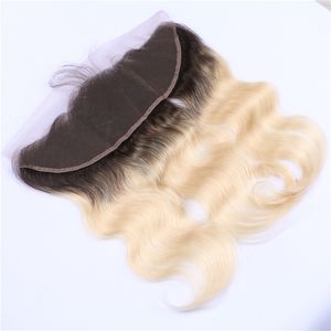 Two Tone B Blonde Ombre Human Hair Lace Frontal Closure x4 With Baby Hair Body Wave Dark Root Blonde Full Lace Frontals