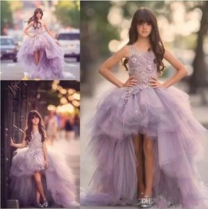 Lavender High Low Girls Pageant Gowns Lace Applique Sleeveless Flower Girl Dresses For Wedding Purple Tulle Puffy Kids Communion Dress
