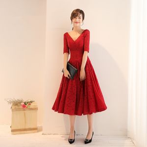 Fancy Lace Prom Dresses Half Sleeves V Neck tea Length Wine Red Lace Party Dress Custom Made Royal Blue Black Ivory Orange