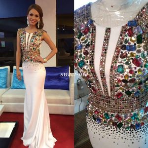 Biały Miss USA Pageant Suknie Wieczorowe Syrenka Satin Kolorowe Frezowanie Długi Prom Dresses Formalna okazja Dress Dress