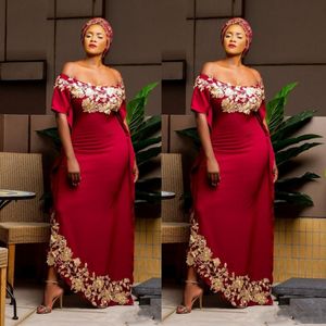 South African Off The Shoulder Prom Dresses Dark Red Aso Ebi Evening Gowns With Gold Appliques Short Sleeves Long Formal Party Vestidos