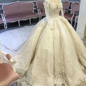 Wholesale royal brides wedding dresses resale online - Luxury Lace Royal Wedding Dresses Ball Gown Sheer Crew Neckline Sheer Long Sleeves Beaded Cathedral Train Bride Wedding Gowns