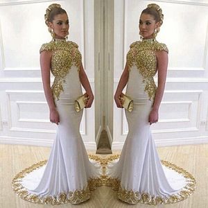 Stunning White Long Evening Dress High Neck Cap Sleeve Beaded Gold Lace Appliques Stretch Satin Mermaid Women Formal Gowns
