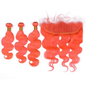 Wholesale pure virgin hair resale online - Pure Orange Peruvian Virgin Hair Bundles with Frontal Orange Color Human Hair Weave Extensions Body Wave with Lace Frontal Closure x4