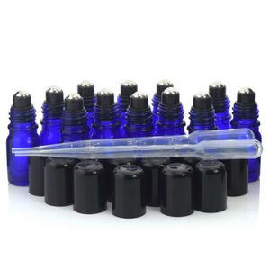 12 x ml koboltblå glasflaskor rullar på flaskor med rostfritt stål rullboll lock lock för parfym eterisk olja aromaterapi