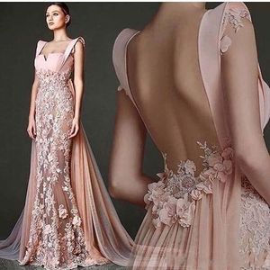 2020 Pink Mermaid Prom Dresses D Flora Appliques Sexy Backless Sweetheart Neck Lace Chiffon Formal Party Evening Dress robes de soirée