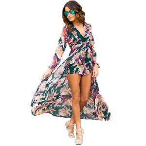 Wholesale long white dresses for girls for sale - Group buy Bohemia Women Sexy Long Dresses V Neck Chiffon Printed Long Sleeve Summer Beach Casual Lady Girl Splited Dress Plus Size White Maxi Dress