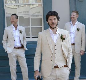 Kappa byxa elfenben beige strand linne män passar bröllop kostym bestån sommar äktenskap brudgum bär tuxedos tre stycken jacka byxa väst