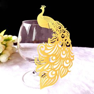 tavus düğün malzemeleri süslemeleri toptan satış-Peacock Kart Parti Malzemeleri Şarap Cam Kartları Düğün Dekorasyon Lazer Kesim Escort Kupası Hileler Zanaat Masa Dekor Bebek Duş