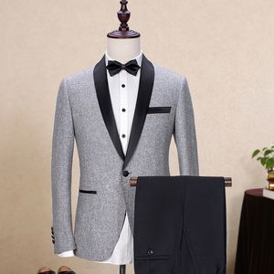 Nieuwe prom mannen pak grijze wol met zwarte broek bruiloft pakken voor mannen sjaal revers stuks Koreaanse slim fit jurk