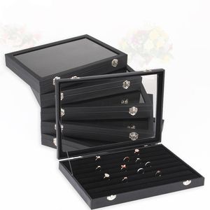 35x24 multifunktionell svart läderbärg armband örhängen hängsmycke halsband ring display boxhållare smycken show case velvet inuti