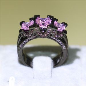 Wholesale black sapphire wedding band resale online - Luxury Women Three stone Wedding Band Ring Black Gold Filled Fashion Jewelry Square Pink Sapphire CZ Ring for Bridal Unique Gift Sz5