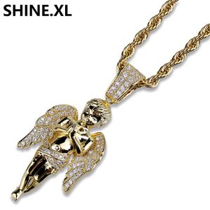 Hip Hop Micro Paved Zircon Angel Jesus Wing Copper Two Tone Iced Out Full Cz Pendant Necklaces Gift