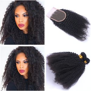 kinky afro örgü kapatmalar toptan satış-Afro Kinky Kıvırcık Dantel Kapatma x4 Insan Saçı ile Demetleri Bakire Perulu Sapıkça Kıvırcık Insan Saç Kapatma ile Üç Parçalı Örgüleri