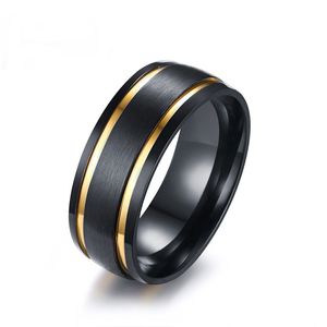 Mens Brushed Wedding Bands Rings Stylish MM Gold Color Double Grooved Black Male Boy Finger Rings Gift Comfort Fit US Size