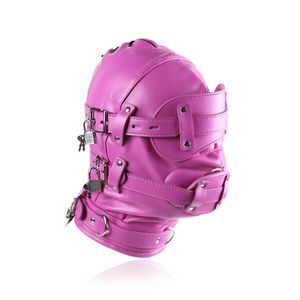 ピンク色ボンデージフードBDSMレザーの銃口マスクのゴミ箱の取り外し可能なアイパッドペニスマウスギャグヘッドハーネスセクシーな衣装アクセサリー