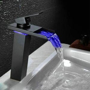 10.6" Black Water Powered LED Faucet Bathroom Basin Faucet Brass Mixer Tap Waterfall Faucets Hot Cold Crane Basin Tap on Sale