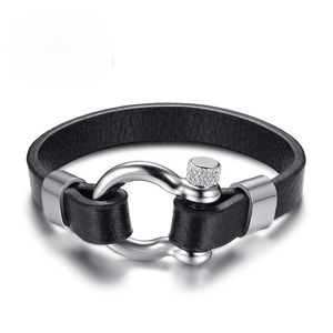 bracelets de liaison de chaîne pour hommes achat en gros de Bracelet en cuir véritable noir Bracelet pour homme en acier inoxydable Vis de Vis de Vis à vis unique Design Bijoux unique cm