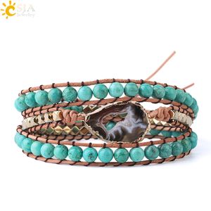 CSJA ePacket Free US Natural Turquoise Gemstone Mala Beads Bracelet Agate Slice Geode Bracelets Charms Boho Wrap Jewellery for Women S225