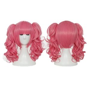 ingrosso parrucche rosa costumi-Breve parrucche sintetiche rosa cosplay cosplay resistente al calore parrucca costume sintetico per le donne con panino