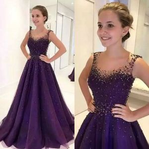 Sparkly steentjes een lijn avondjurken Sheer Jewel Neckins Purple Prom Dress Formele Partyjurken Custom Made