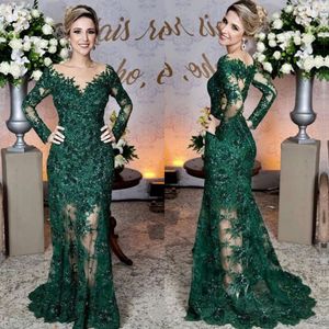 Glamorous Emerald Green Evening Dresses Fashion Lace Applique Long Sleeve Mermaid Prom Dress Custom Made See Through Tulle Long Evening Gown