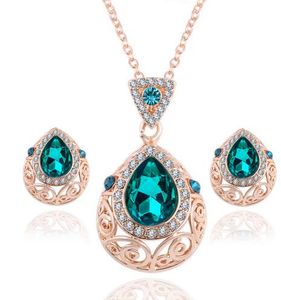 Wholesale austrian crystal necklace sets resale online - Elegant Vintage Green Gem Austrian Crystal Chain Jewelry Sets Drop Necklace Earrings Set For Women Party Jewelry