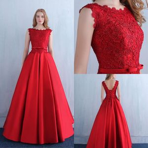 Sexy Fashion Fancy Straps Bowknot Red Lace Satin A line Prom Dresses Robe De Soiree Elegant Lace Up Long Evening Gowns Formal Party