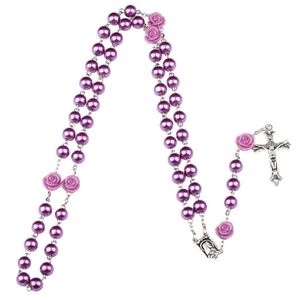 черный кулон иисус оптовых-Пурпурные черные розарийные бусины католическое ожерелье для девочек женские стеклянные бусины Иисус пересекают кулон ожерелья мода ювелирные изделия