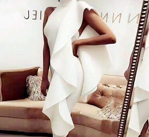 2018 Sexy One Shoulder Tea Length Cocktail Dresses exy White Sleeveless Patchwork Ruffles Bodycon Vestidos Celebrity Party Dress Clubwear