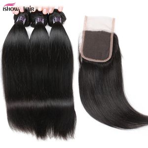 Ishow A Mink Brazilian Straight Human Hair Bundles with Lace Closure Peruvian Virgin Hair Malaysian Weave Weft for Women Girls All Ages Natural Color